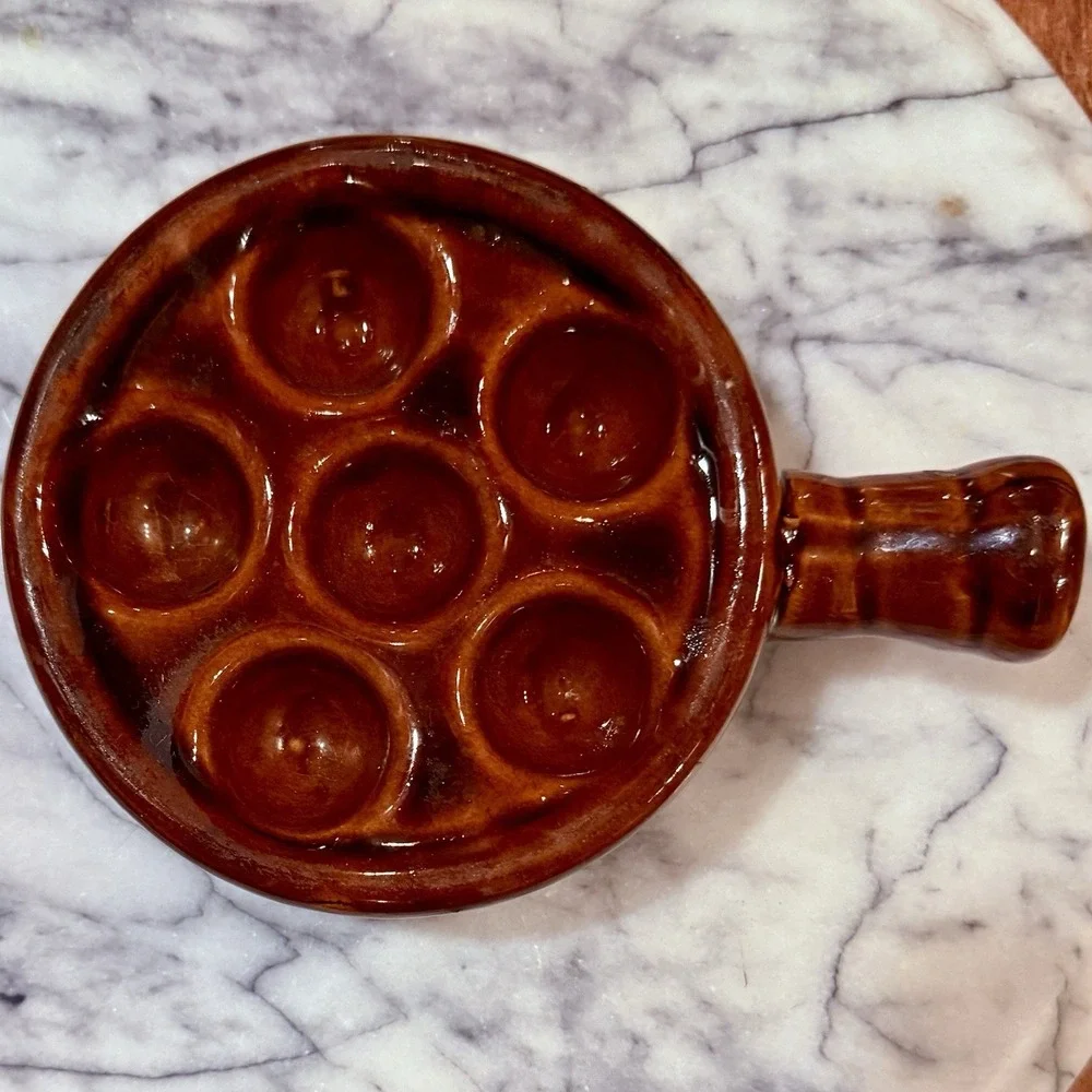 VTG 70s 1970s Brown Glazed Stoneware Escargot‎ Appetizer Oven Baking Handle Dish